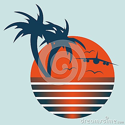 Vector travel logo with symbol of airplane, palm tree and seagulls Vector Illustration