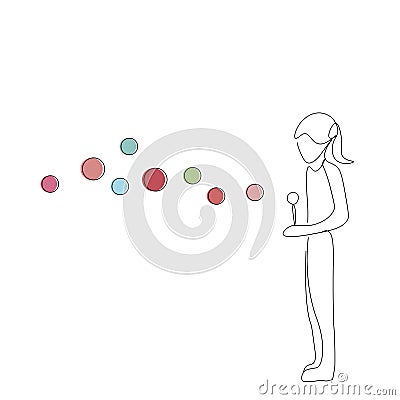 Girl playing with soap bubbles silhouette line drawing, vector illustration Vector Illustration