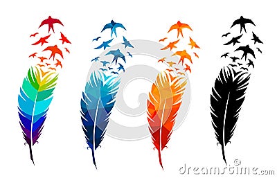 Print art concept colorful design tattoo black feather flying birds swallows silhouette vector illustratiog Cartoon Illustration