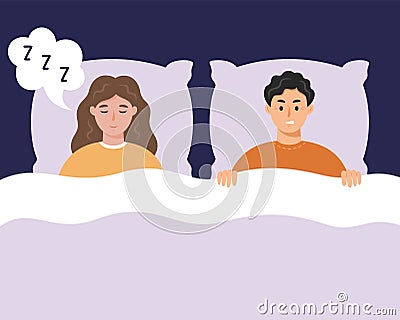 Young man suffering of his partner's snore at night. Snoring woman in bed. Couple or family troubles. Vector Illustration