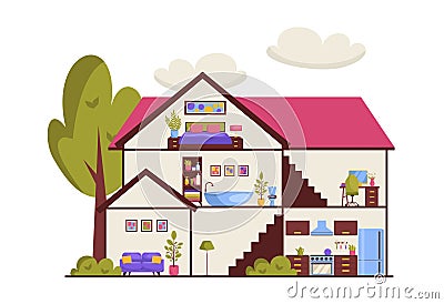 Cutaway house. Detailed modern house interior. Furnished rooms. Vector Illustration