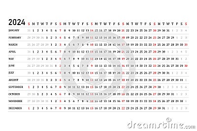 The calendar is linear for 2024. Vector. The planner of the annual calendar. Vector Illustration