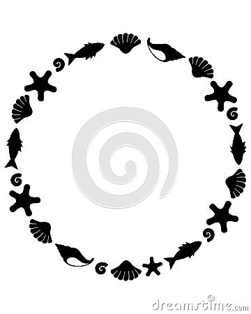 Marine silhouette round frame made of fish, shells and other underwater animals. Vector Illustration