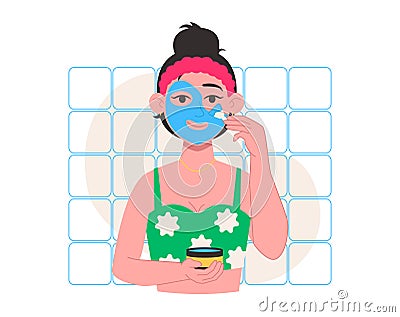 Skin care. Woman applies a cosmetic mask on her face with a brush. Vector Illustration