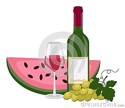 Bottle of red wine, wine in glass, watermelon and grape. Vector Illustration