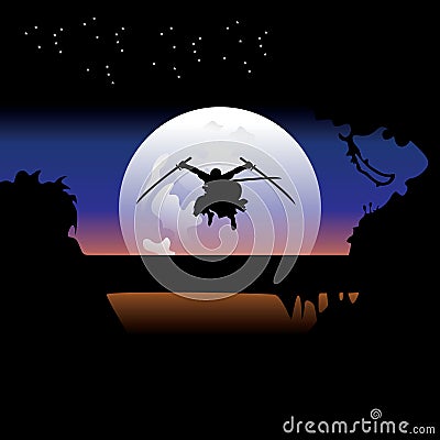 illustration vector graphic of Samurai training at night on a full moon. Perfect for wallpaper, poster, etc Vector Illustration