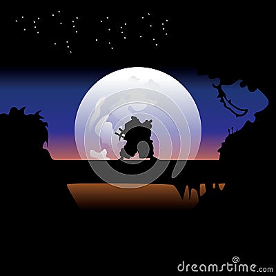 illustration vector graphic of Samurai training at night on a full moon. Perfect for wallpaper, poster, etc Vector Illustration