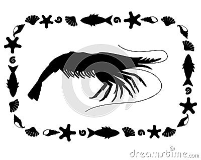 Shrimp marine crustacean animal silhouette in a rectangular frame - vector template for print or cut. Vector Illustration