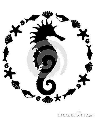 Seahorse silhouette of a sea animal in a round frame - vector template for printing or cutting. Vector Illustration