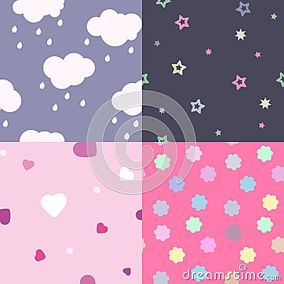 Vector seamless baby patterns. Clouds, stars and hearts. Vector Illustration