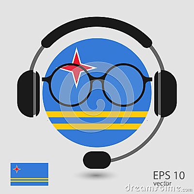 Aruba vector flag with headphones and glasses, vector illustration. Web Vector Illustration