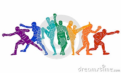 Colorful vector illustration silhouettes of boxers, thai boxers, kickboxers. Unity sports boxing, Thai boxing, kickboxing Cartoon Illustration