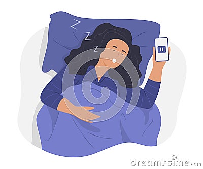 Woman Sleeping in Bed with Mobile Phone in Hand Concept Illustration Vector Illustration