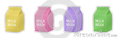 Pink, yellow, purple and green paper sachet or pouch. Vector bags mockup of foil packs. Cosmetics samples of a Korean milk mask Vector Illustration