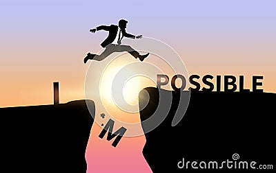 Businessman jumping over impossible and possible wording on cliff with cloud sky and sunlight Vector Illustration