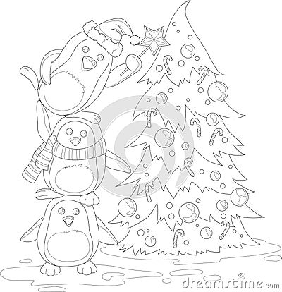 Cartoon penguin family in hats and scarfs decorating Christmas tree sketch template. Vector Illustration