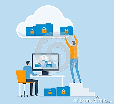 flat vector Business technology upload file backup on cloud server storage and cloud security Vector Illustration