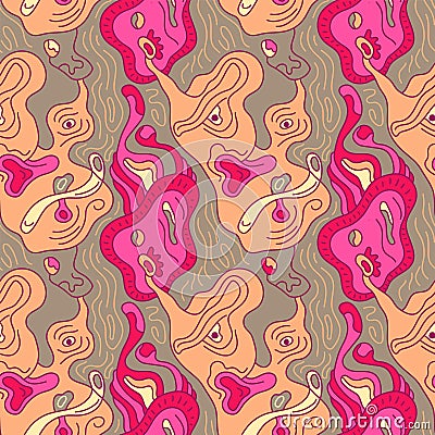 Psychedelic abstract unique seamless pattern with abstract faces Vector Illustration