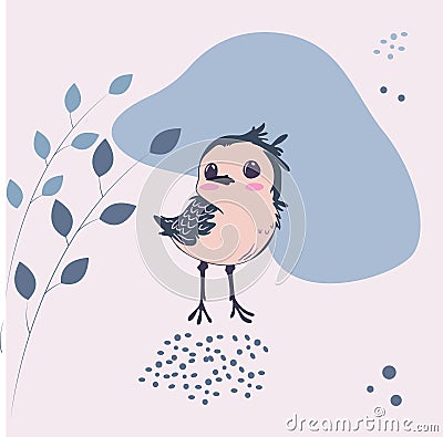 Cartoon little bird. Nice greeting card. Vector Illustration