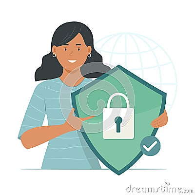 Woman Holding Encryption Cyber Shield with Padlock Symbol for Cyber Security Concept Illustration Vector Illustration