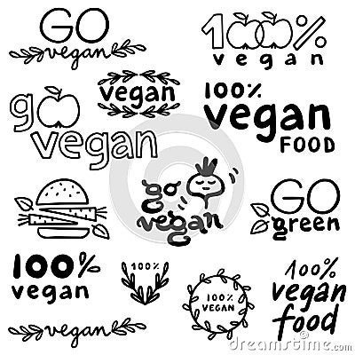 linear vege vegan label set with typographic and graphic doodle elements Vector Illustration