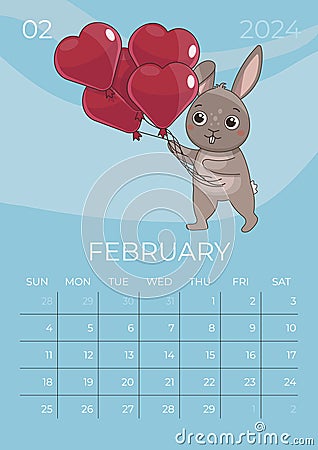 Vertical children calendar 2024. Month of February. Hare is holding a bunch of heart-shaped balloons. A5 format. Vector Illustration