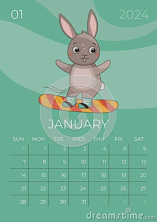 Vertical children calendar 2024. January month. Hare rides a snowboard. A5 format. Vector Illustration