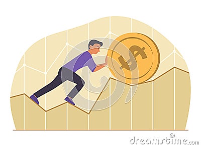 Businessman Push a Big Coin of Dollar Currency on Graph Chart for Financial Concept Illustration Vector Illustration