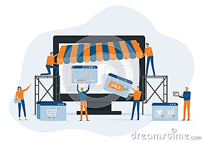 business people team working developer and designer team create an online store shop concept. Vector Illustration