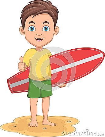 Little Boy carrying a surfboard cartoon Vector Illustration