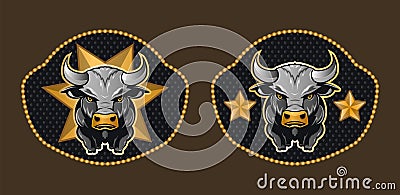 Western Style Cowboy Raging Bull and star Belt Buckle vector design. Vector Illustration