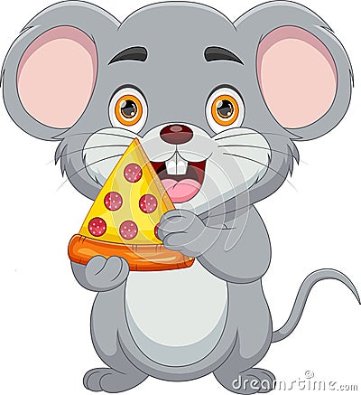 Happy mouse holding a slice of pizza cartoon Vector Illustration