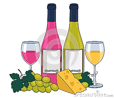 Bottle of rose wine and a bottle of white wine, wine in glasses, cheese and grapes. With an outline. Vector Illustration