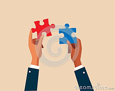 Two hands dressed in business attire are poised to connect two puzzle pieces, problem-solving, or the coming together of ideas. Vector Illustration