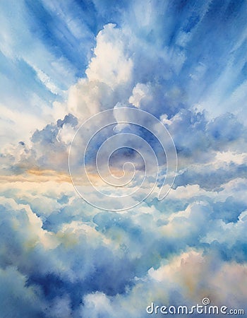 Beautiful cloudscape with blue sky and white cloud background, digital painting Stock Photo