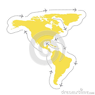 Airplanes fly over the map of America in grey and yellow. Planes routes shape the world air global logistics concept. Line art ve Vector Illustration