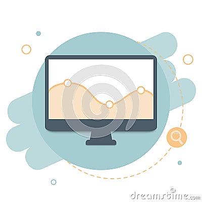 Web analytic information on computer screen flat icon. Trend graphs report concept. Statistic charts for planning and Vector Illustration