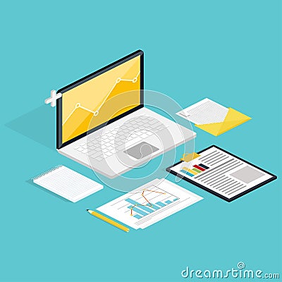 Web of analytics process with claptop and development website st Vector Illustration