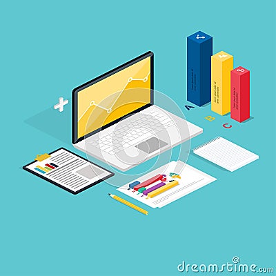 Web of analytics process with claptop and development website st Vector Illustration