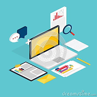 Web of analytics process with claptop and development website st Vector Illustration