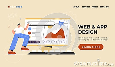 Web and app design landing page. Man creates custom creative design for web site. Vector flat cartoon illustration Vector Illustration