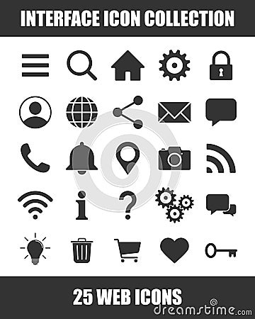 Web application interface icon collection. Vector symbol set. Search, home, settings, account, lock and info button sign. Cogwheel Vector Illustration