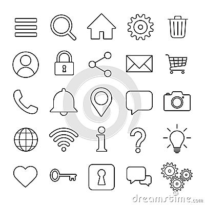 Web application interface icon collection. Vector symbol set. Search, home, settings, account, lock and info button sign. Vector Illustration