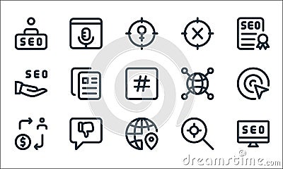web apps seo line icons. linear set. quality vector line set such as desktop, global, user, search, social media, share, connected Vector Illustration