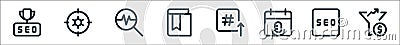 Web apps seo line icons. linear set. quality vector line set such as filter, event, up arrow, book, traffic, setting Vector Illustration