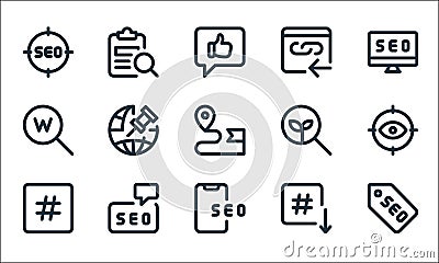 web apps seo line icons. linear set. quality vector line set such as label, smartphone, hashtag, down arrow, communication, www, Vector Illustration
