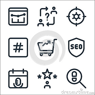 Web apps seo line icons. linear set. quality vector line set such as search, rating, event, secure, marketing, hashtag, setting, Vector Illustration