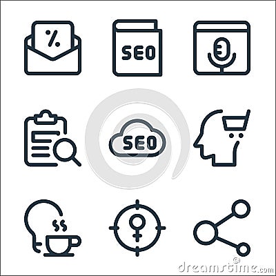 web apps seo line icons. linear set. quality vector line set such as share, target, hot, head, cloud, search, audio, guide Vector Illustration