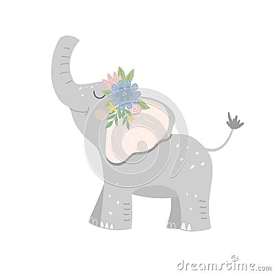 Baby elephant decorated with a wreath of blooming flowers Vector Illustration