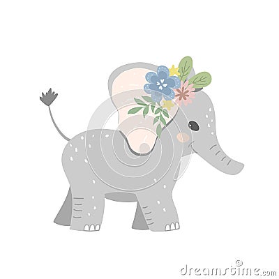 Baby elephant decorated with a wreath of blooming flowers Vector Illustration